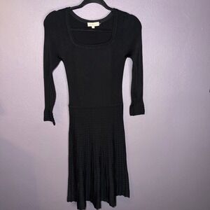 Tory Burch Black Ribbed Knit Square Neck Dress Textured Skirt XS Long Sleeve